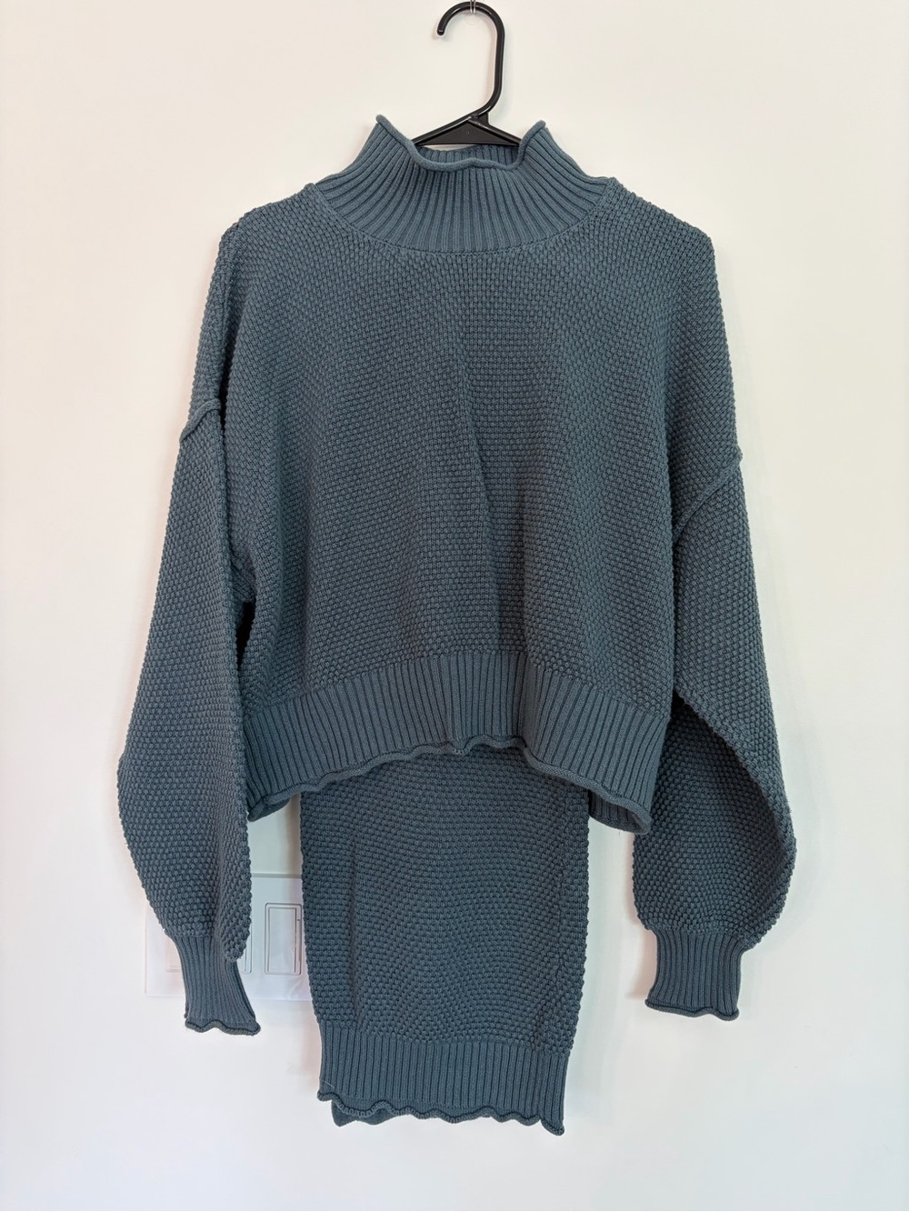 Women's Mock Neck Textured Sweater and Maxi Skirt Matching Set- Teal Blue